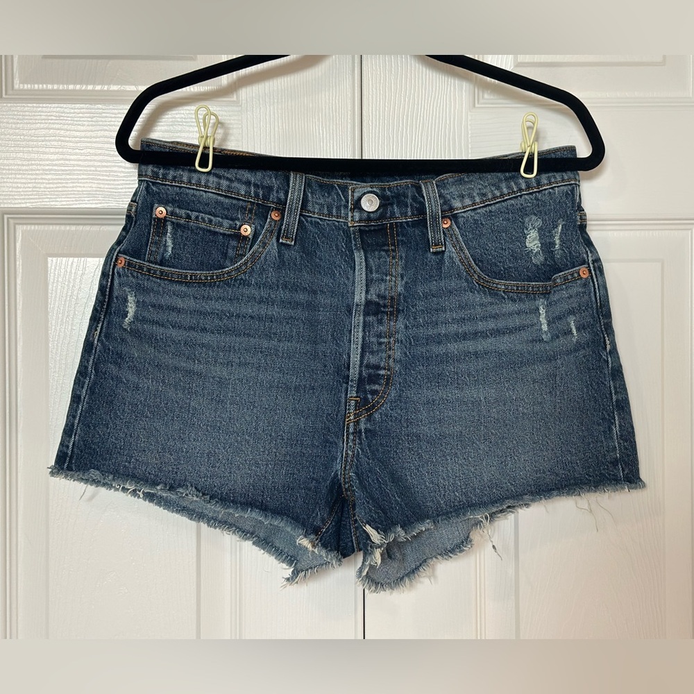 Levi's 501 High Waisted Distressed Dark Blue Jean Shorts